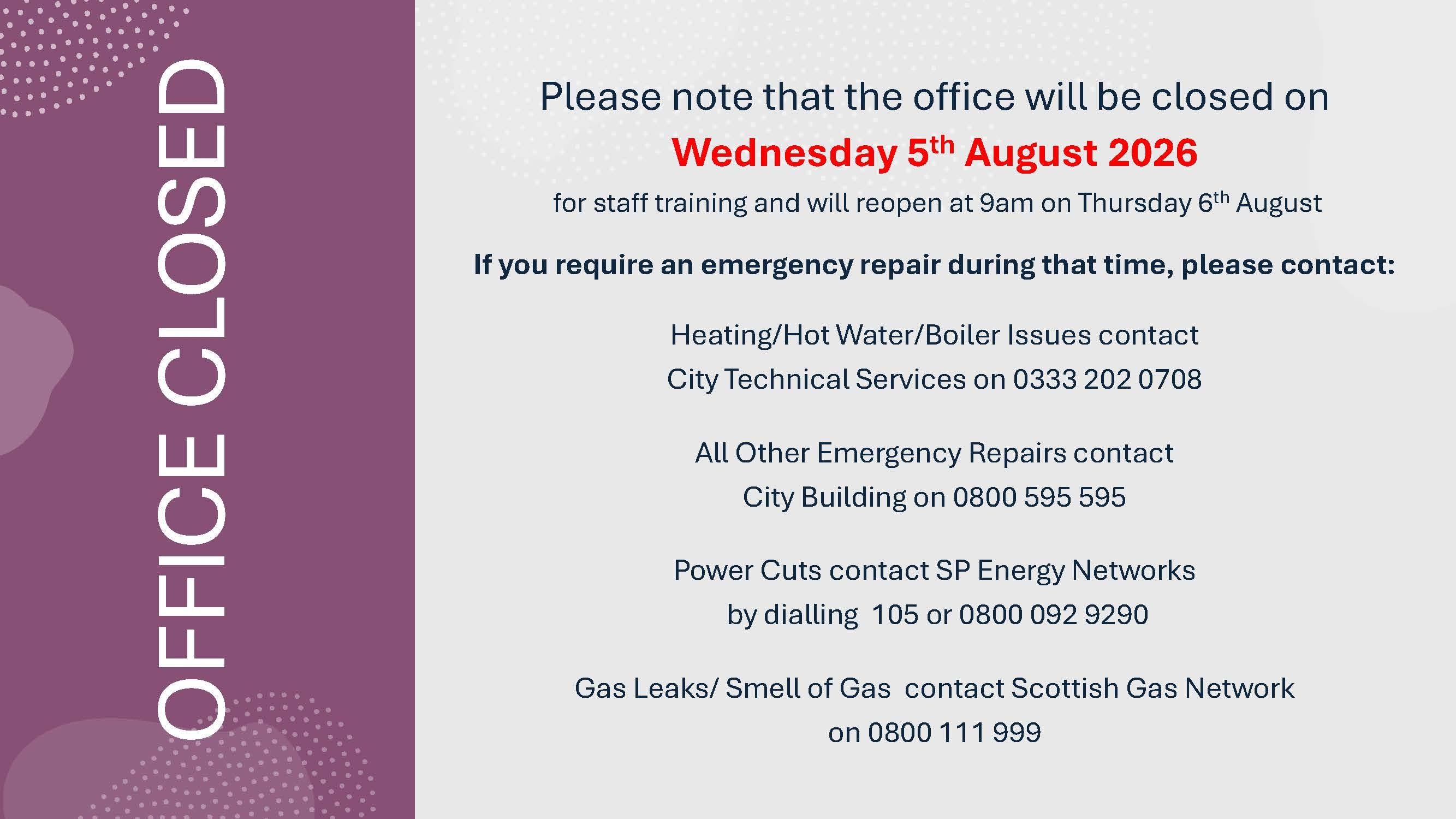 closed 5th august staff training
